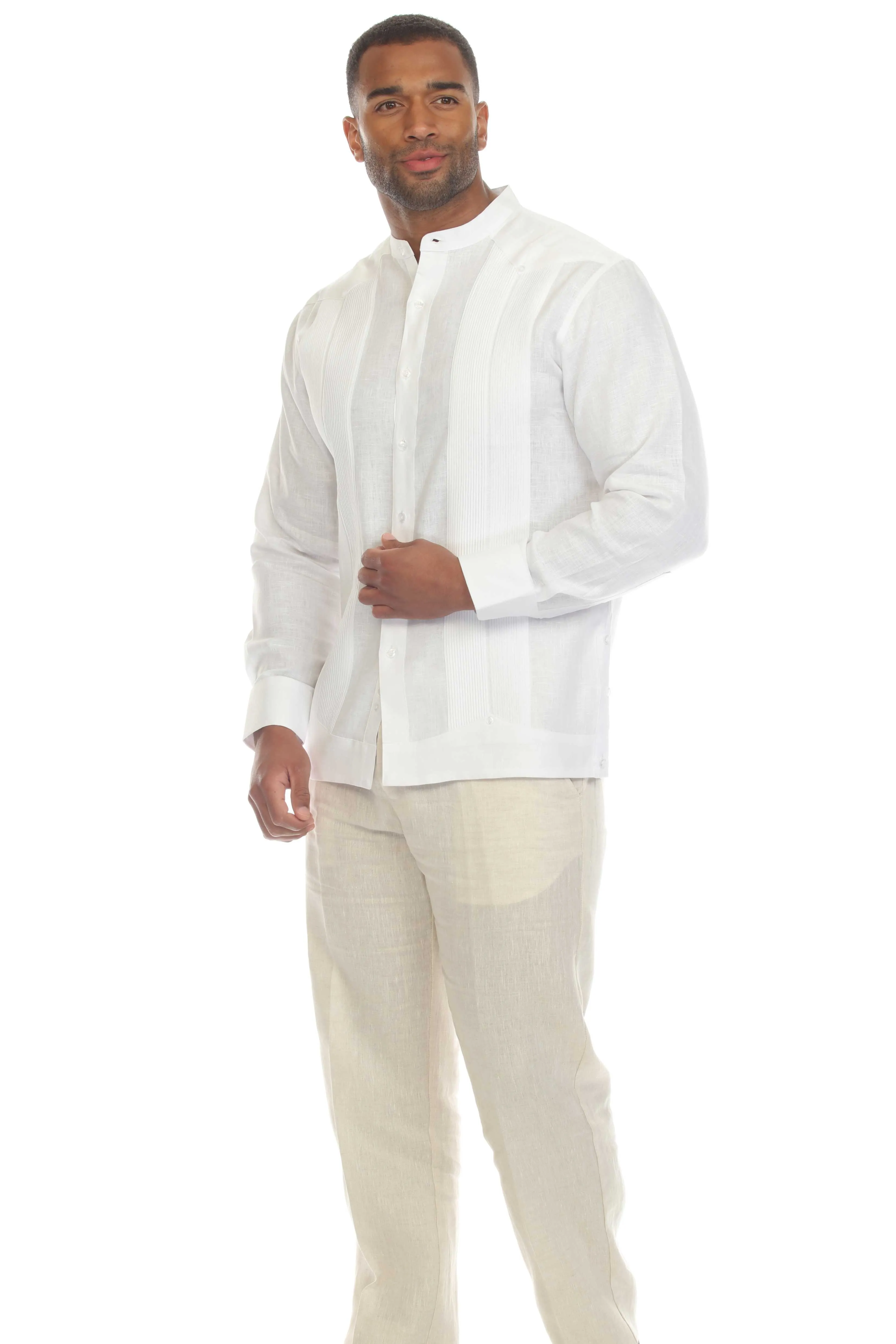 Mojito Men's Mandarin Collar Beach Wedding Guayabera Shirt 100% Linen Long Sleeve