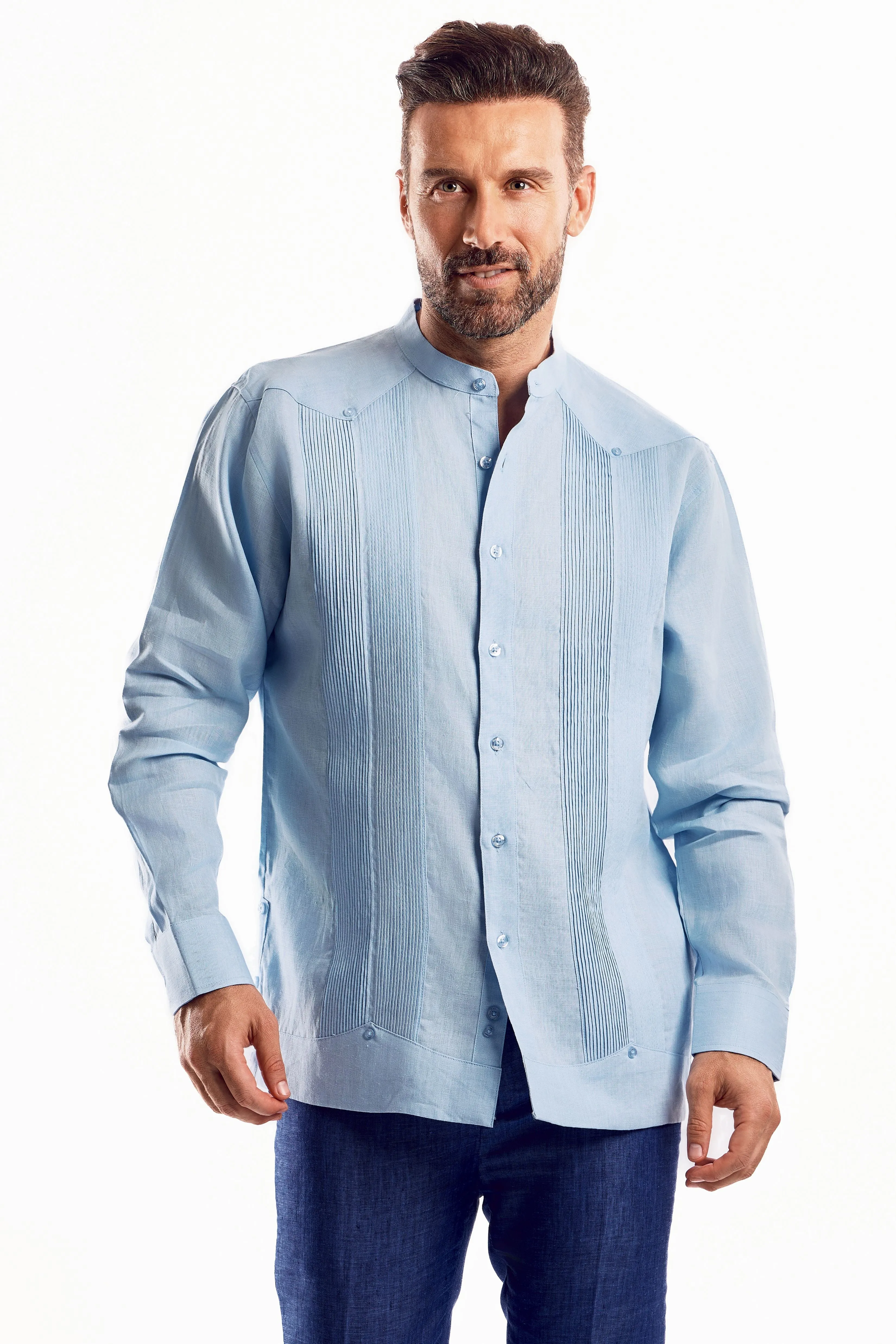 Mojito Men's Mandarin Collar Beach Wedding Guayabera Shirt 100% Linen Long Sleeve