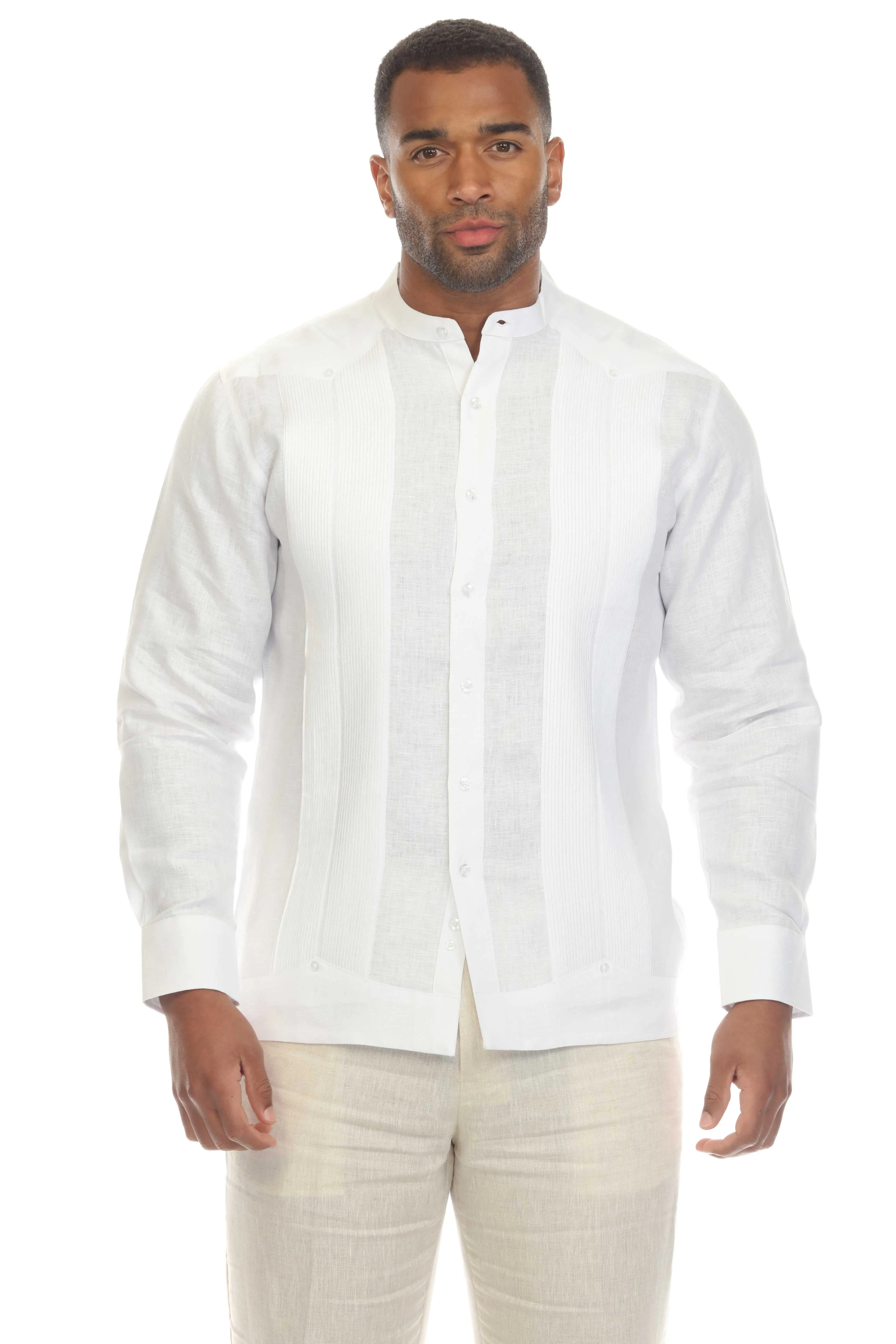 Mojito Men's Mandarin Collar Beach Wedding Guayabera Shirt 100% Linen Long Sleeve