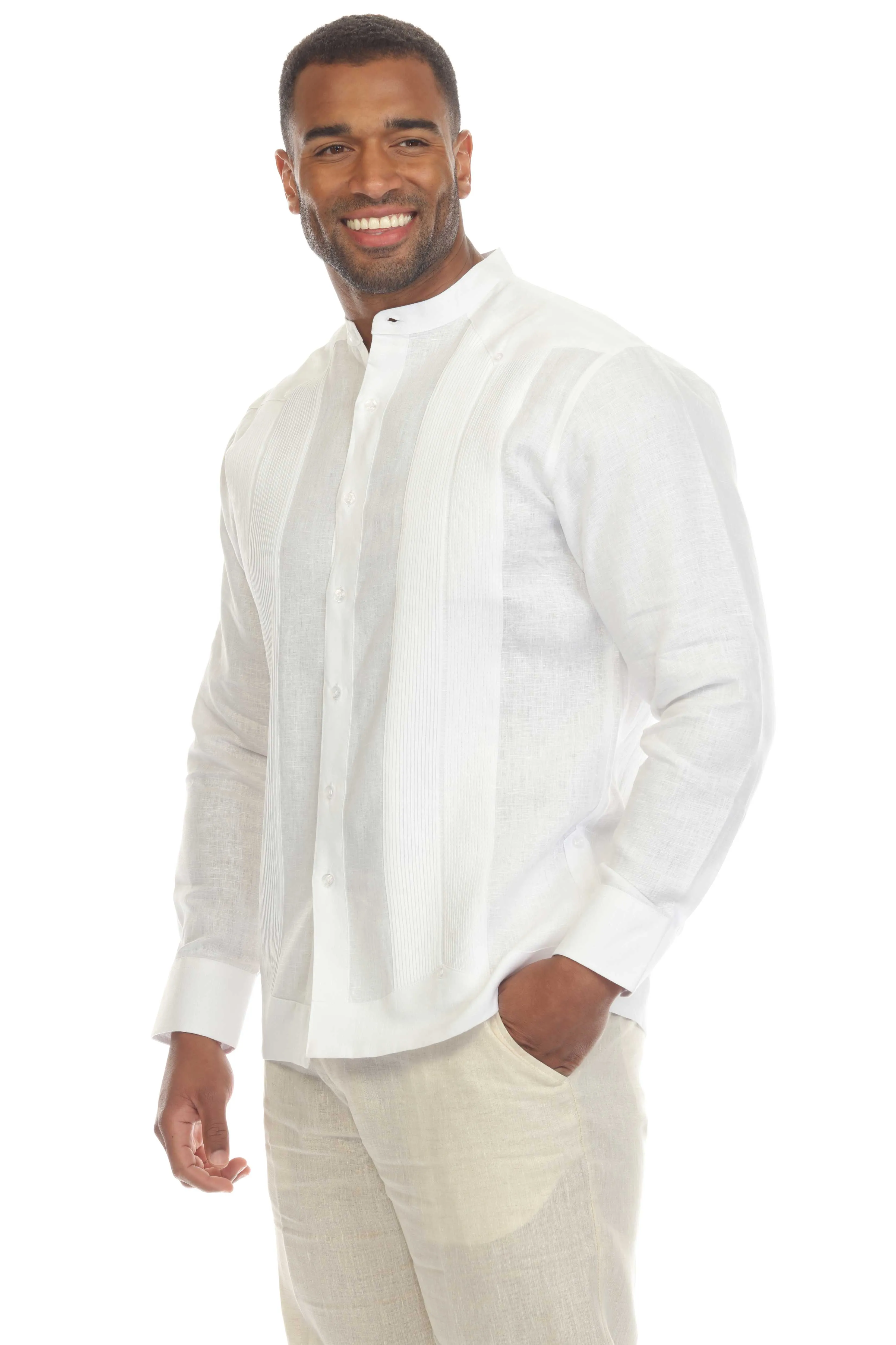 Mojito Men's Mandarin Collar Beach Wedding Guayabera Shirt 100% Linen Long Sleeve