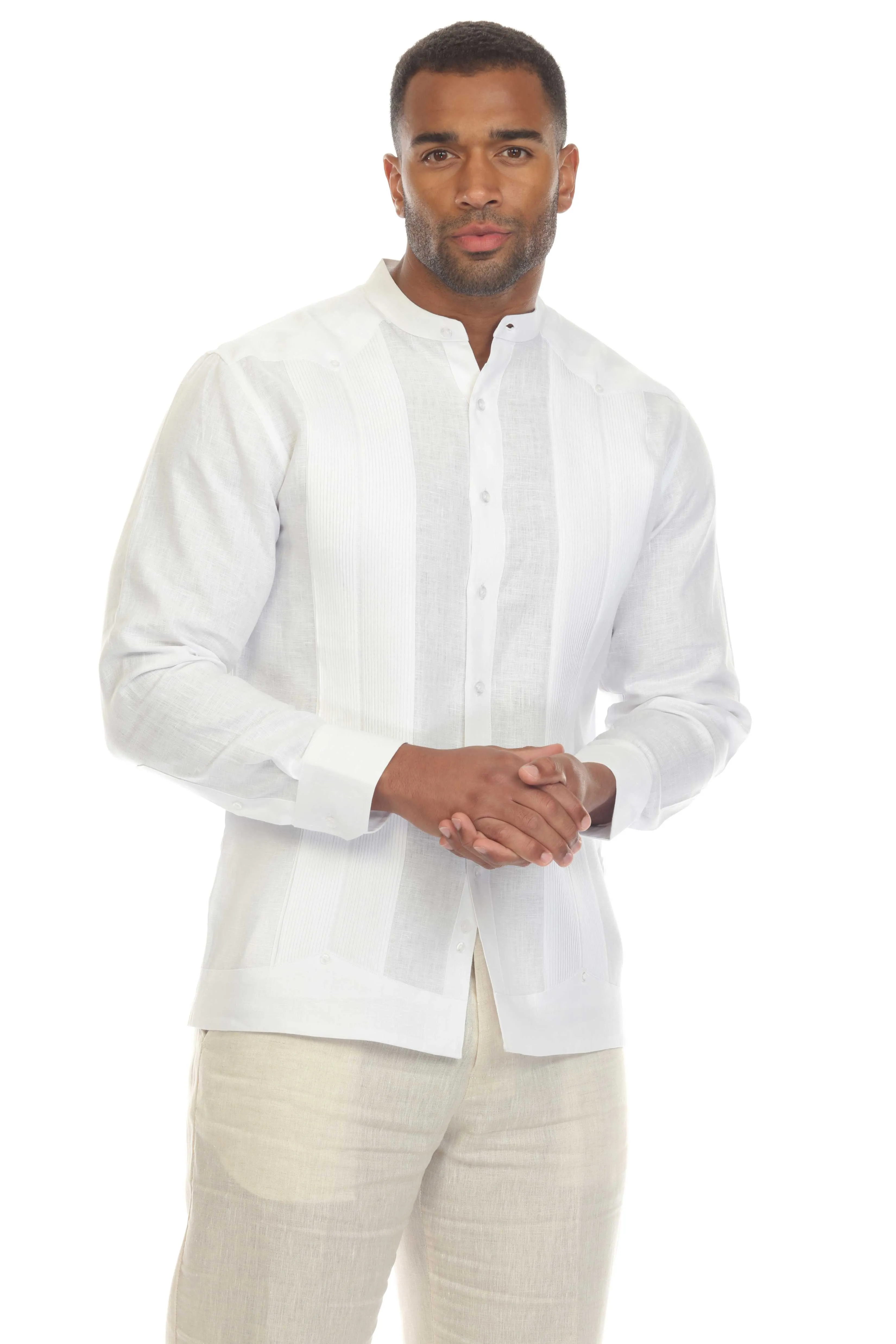 Mojito Men's Mandarin Collar Beach Wedding Guayabera Shirt 100% Linen Long Sleeve