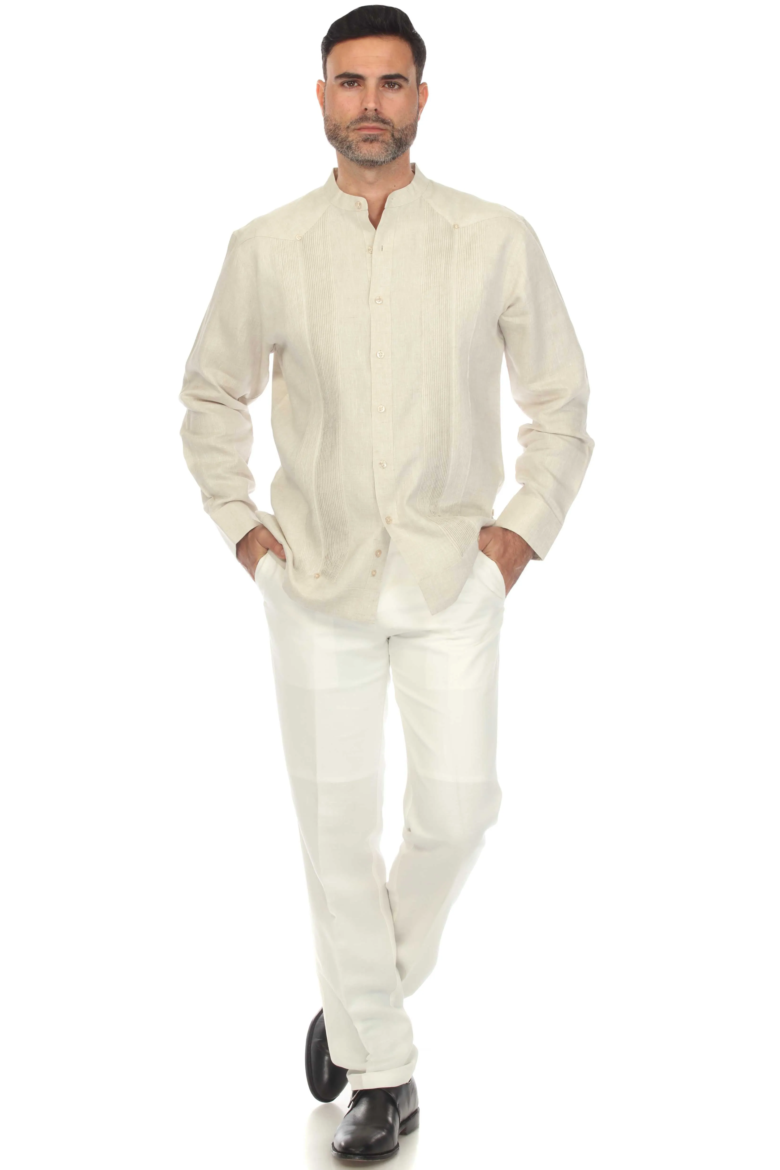 Mojito Men's Mandarin Collar Beach Wedding Guayabera Shirt 100% Linen Long Sleeve