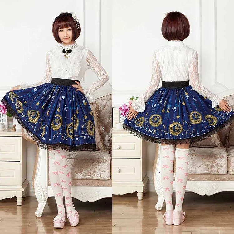 Mori Girl Blue Skater Skirt Moon and Star Printed Lady's Pleated Short Lolita Elastic Waist Skirt