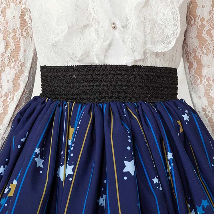 Mori Girl Blue Skater Skirt Moon and Star Printed Lady's Pleated Short Lolita Elastic Waist Skirt