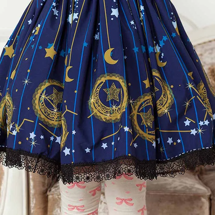 Mori Girl Blue Skater Skirt Moon and Star Printed Lady's Pleated Short Lolita Elastic Waist Skirt