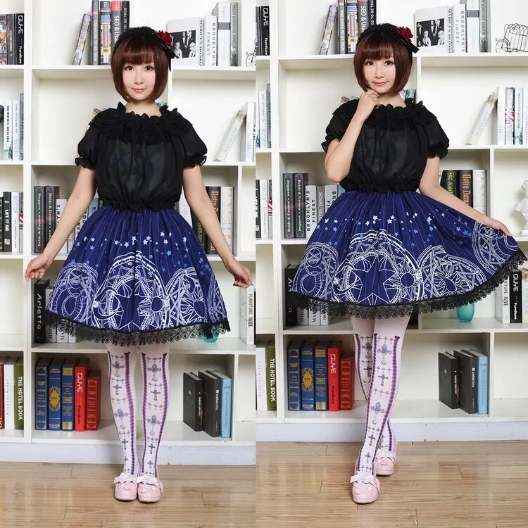 Navy Blue Gothic Short Skirt Japanese Style Magic Circle and Stars Printed Pleated Lolita Skirt