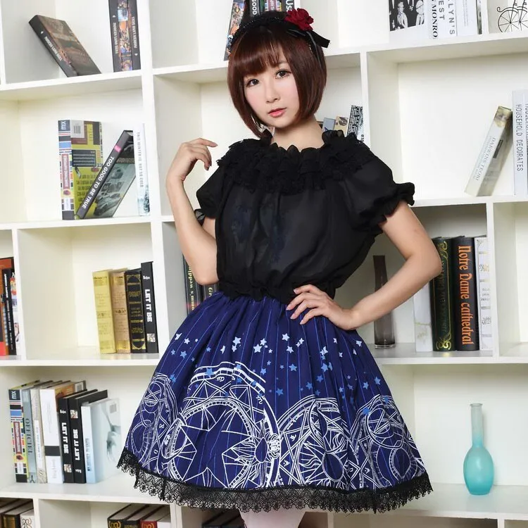 Navy Blue Gothic Short Skirt Japanese Style Magic Circle and Stars Printed Pleated Lolita Skirt