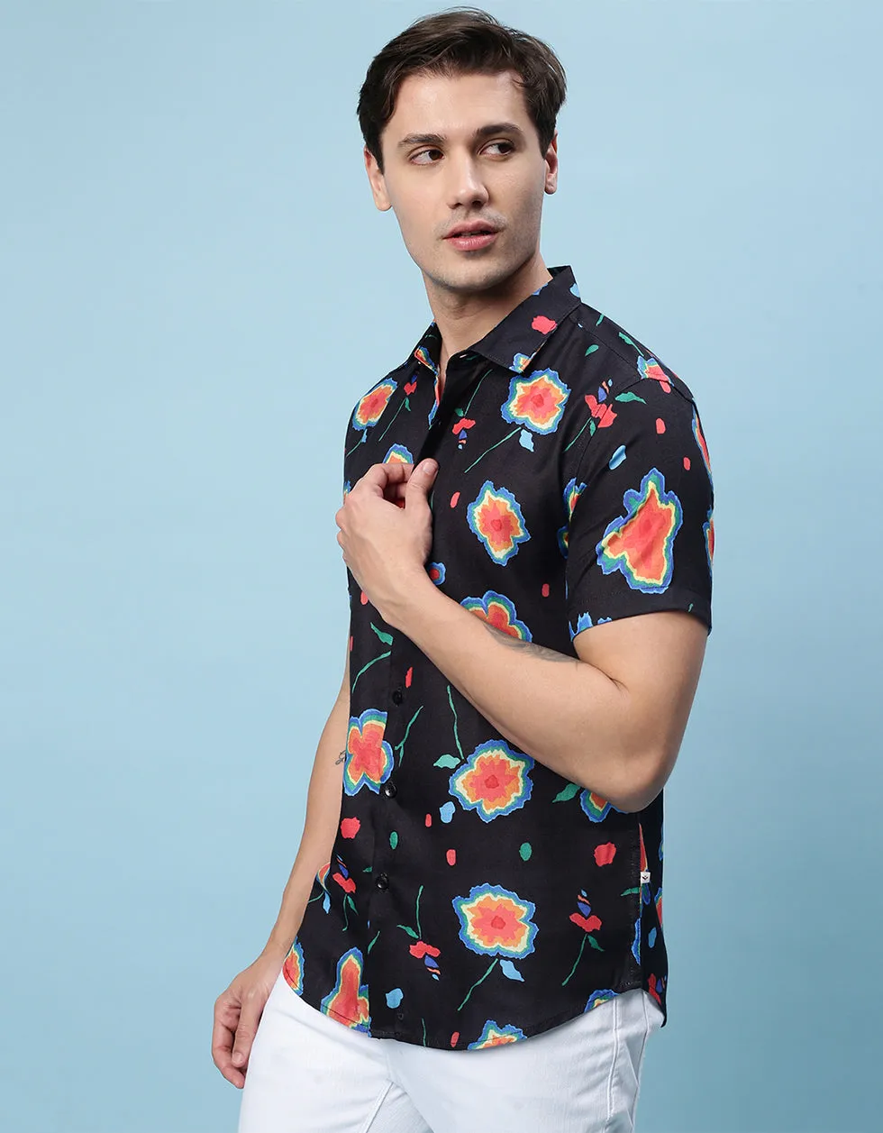 Navy Floral Printed Casual Shirt