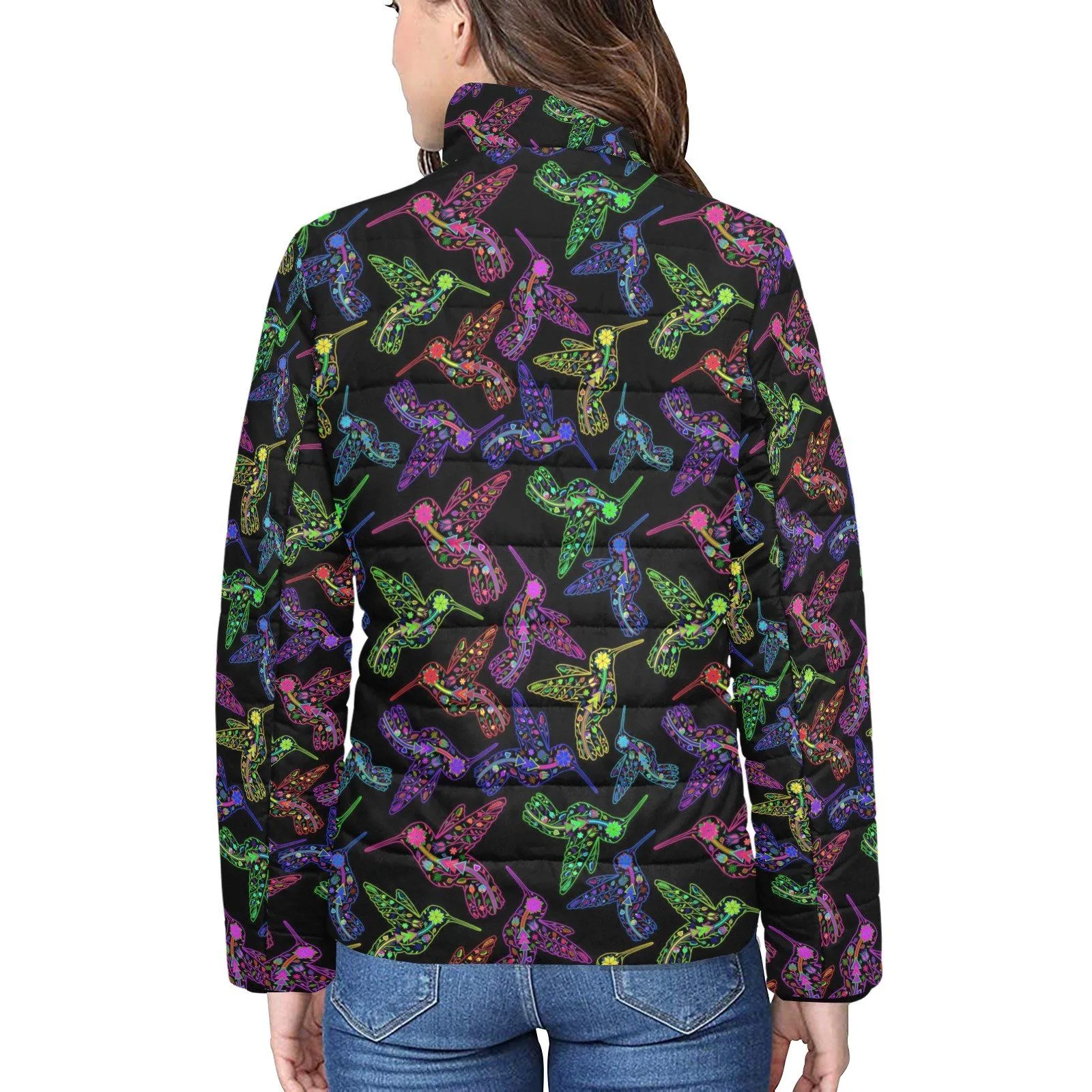 Neon Floral Hummingbirds Women's Stand Collar Padded Jacket