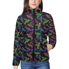 Neon Floral Hummingbirds Women's Stand Collar Padded Jacket