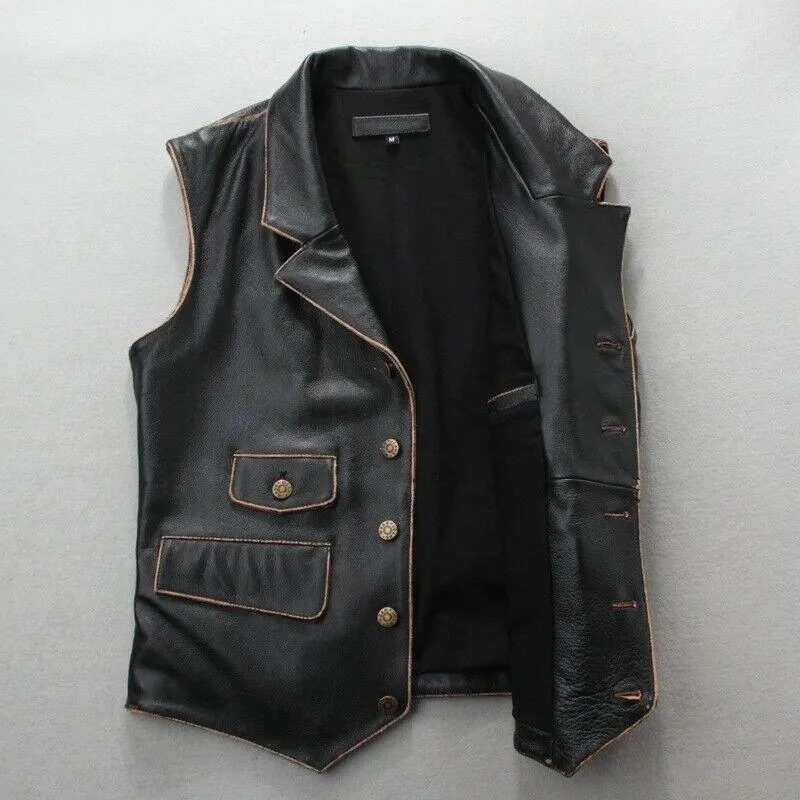 New Mens Real Leather motorcycle Vest Black Distress Leather Biker Vest