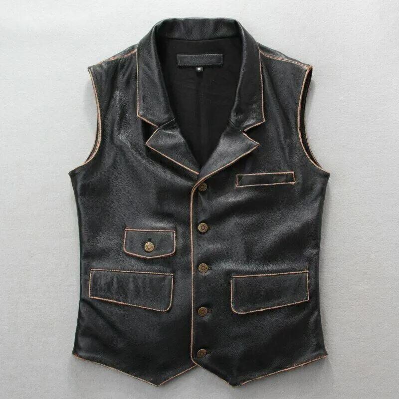 New Mens Real Leather motorcycle Vest Black Distress Leather Biker Vest