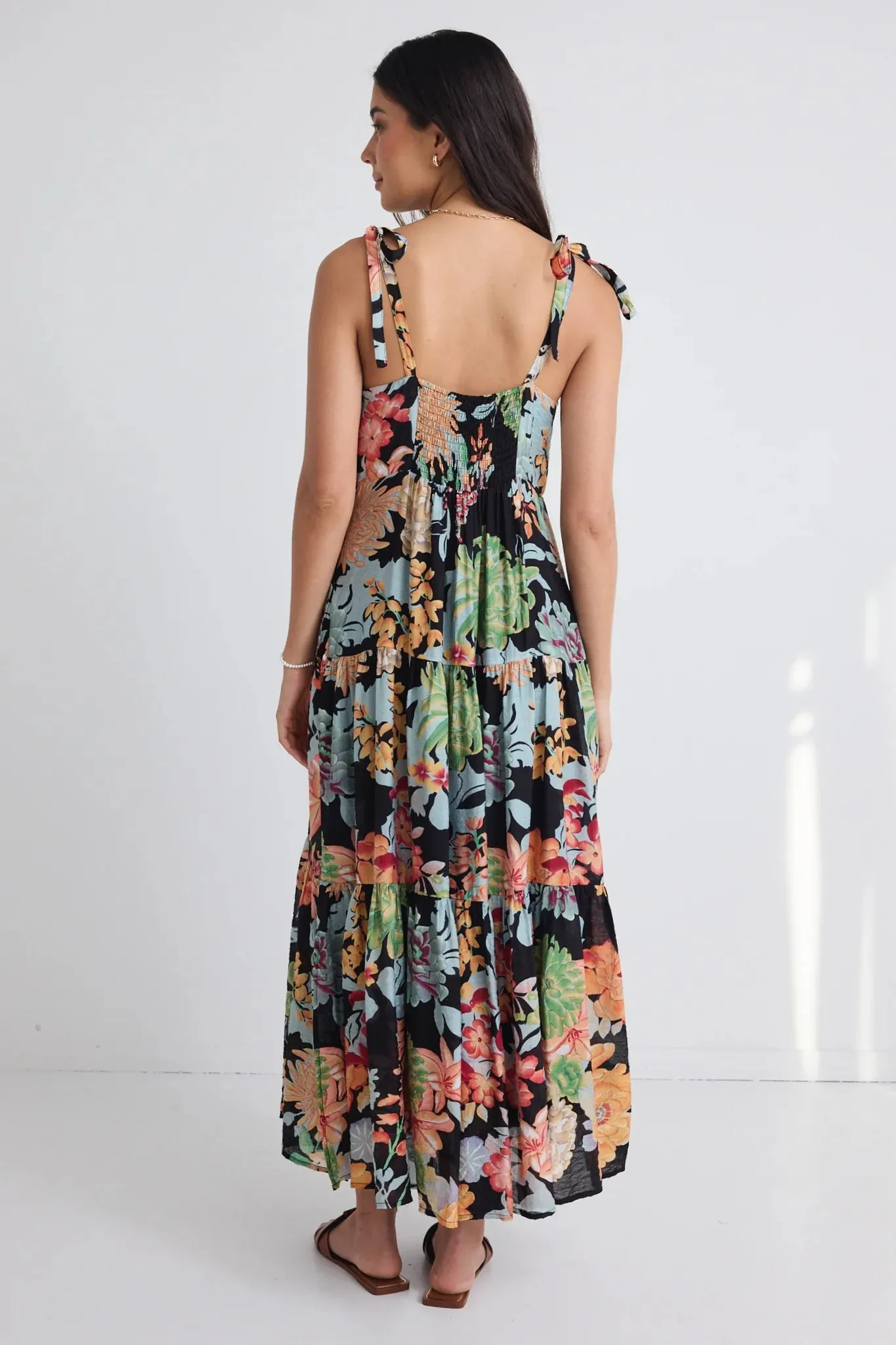 Nimbus Tropical Black Strappy Tiered Maxi Dress - Tropical Black