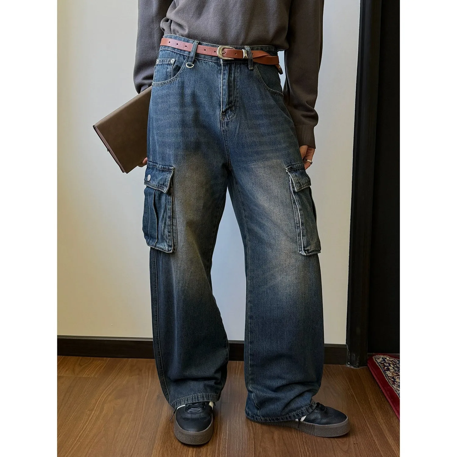 Nine Faded Whisker Cargo Style Jeans