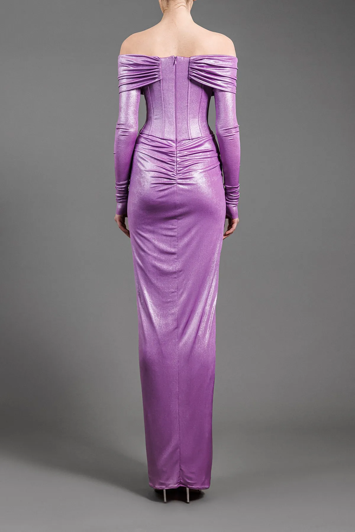 Off the shoulders purple corseted draped dress in shimmery jersey fabric