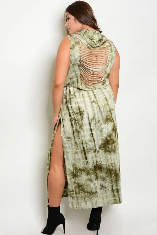 Olive Tie Dye Plus Size Hooded Maxi Dress