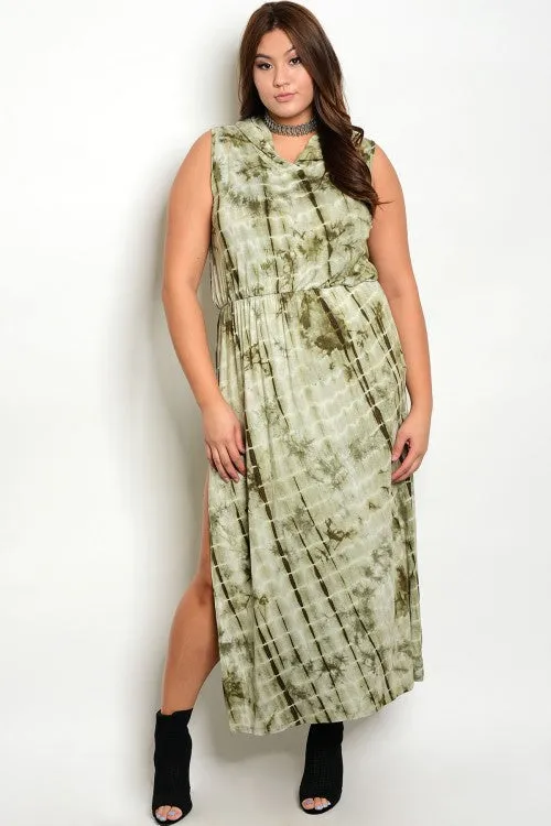 Olive Tie Dye Plus Size Hooded Maxi Dress