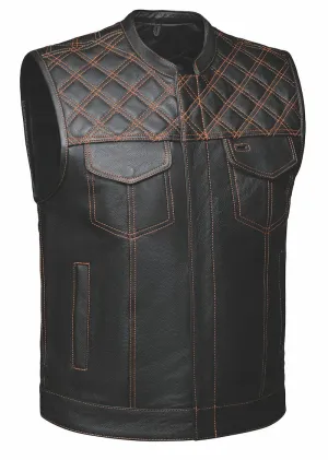 Open Road Men's Upside Leather with Orange Stitched Diamonds Vest