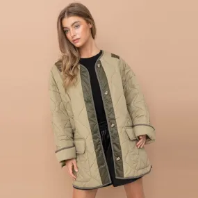 Oversized Quilted Jacket with Contrast (Olive)