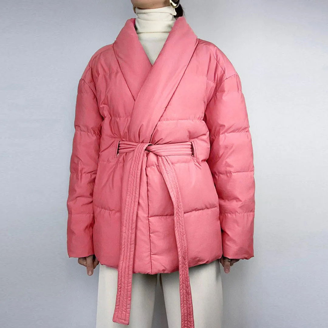 Oversized Shawl Collar Long Sleeve Belted Puffer Jacket - Coral Pink