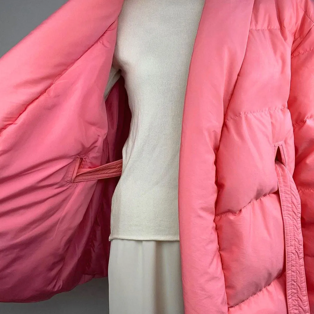 Oversized Shawl Collar Long Sleeve Belted Puffer Jacket - Coral Pink