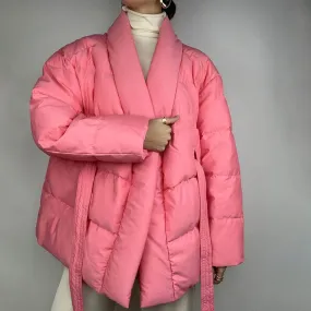 Oversized Shawl Collar Long Sleeve Belted Puffer Jacket - Coral Pink