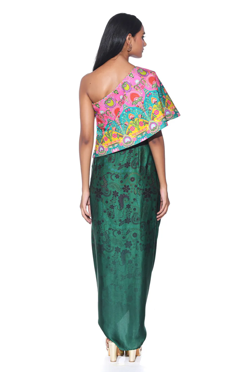 Pink & Teal Embroidered One Shoulder Top & Drape Skirt