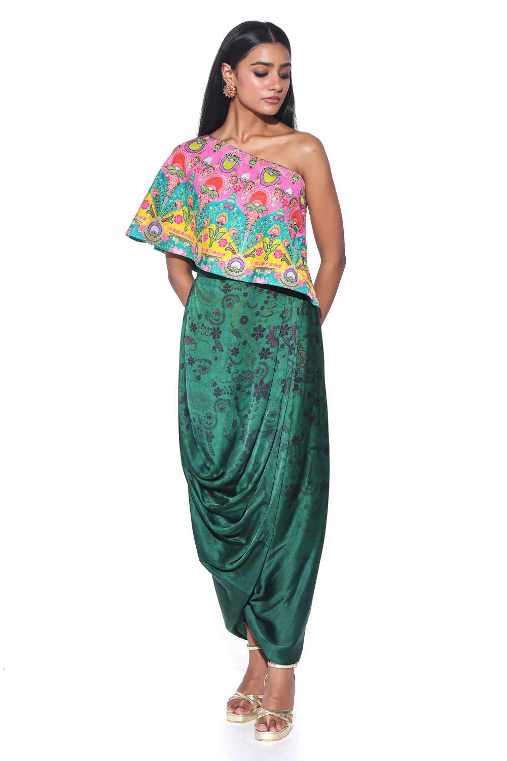 Pink & Teal Embroidered One Shoulder Top & Drape Skirt