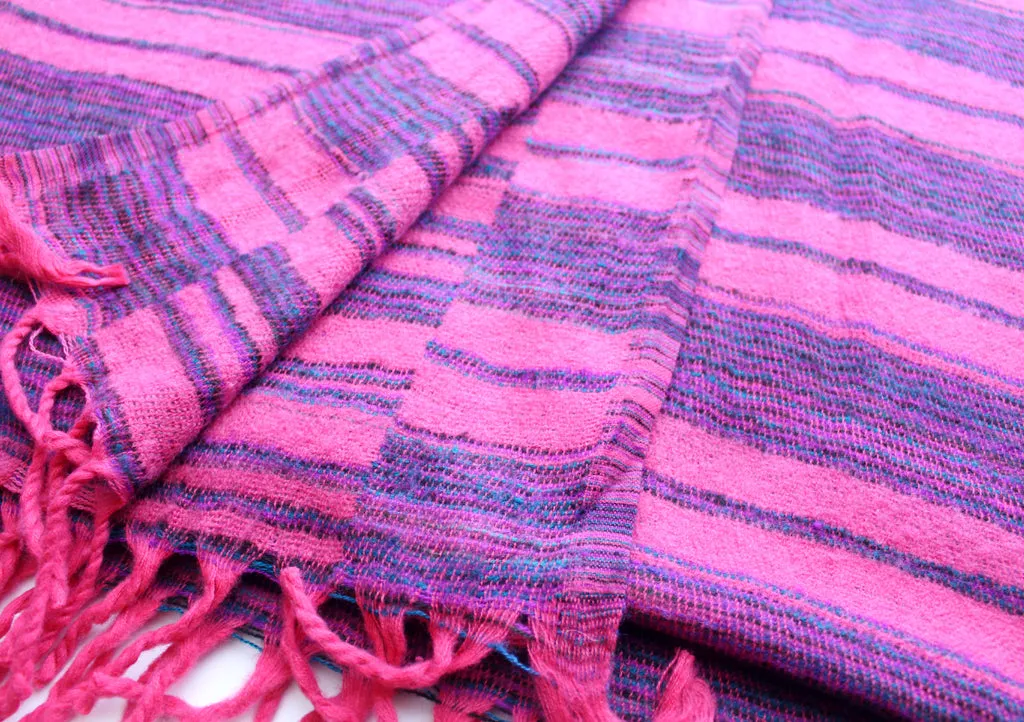 Pink with Purple and Blue Lining Himalayan Yak Wool Blanket Shawl