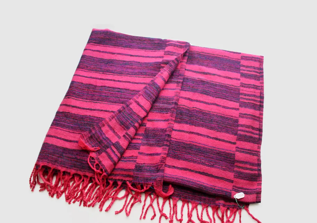 Pink with Purple and Blue Lining Himalayan Yak Wool Blanket Shawl