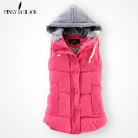 Pinky Is Black Autumn Winter Fashion Cotton Vest Women Patchwork Sleeveless Hooded Collar Casual Coat Colete Feminino Waistcoat