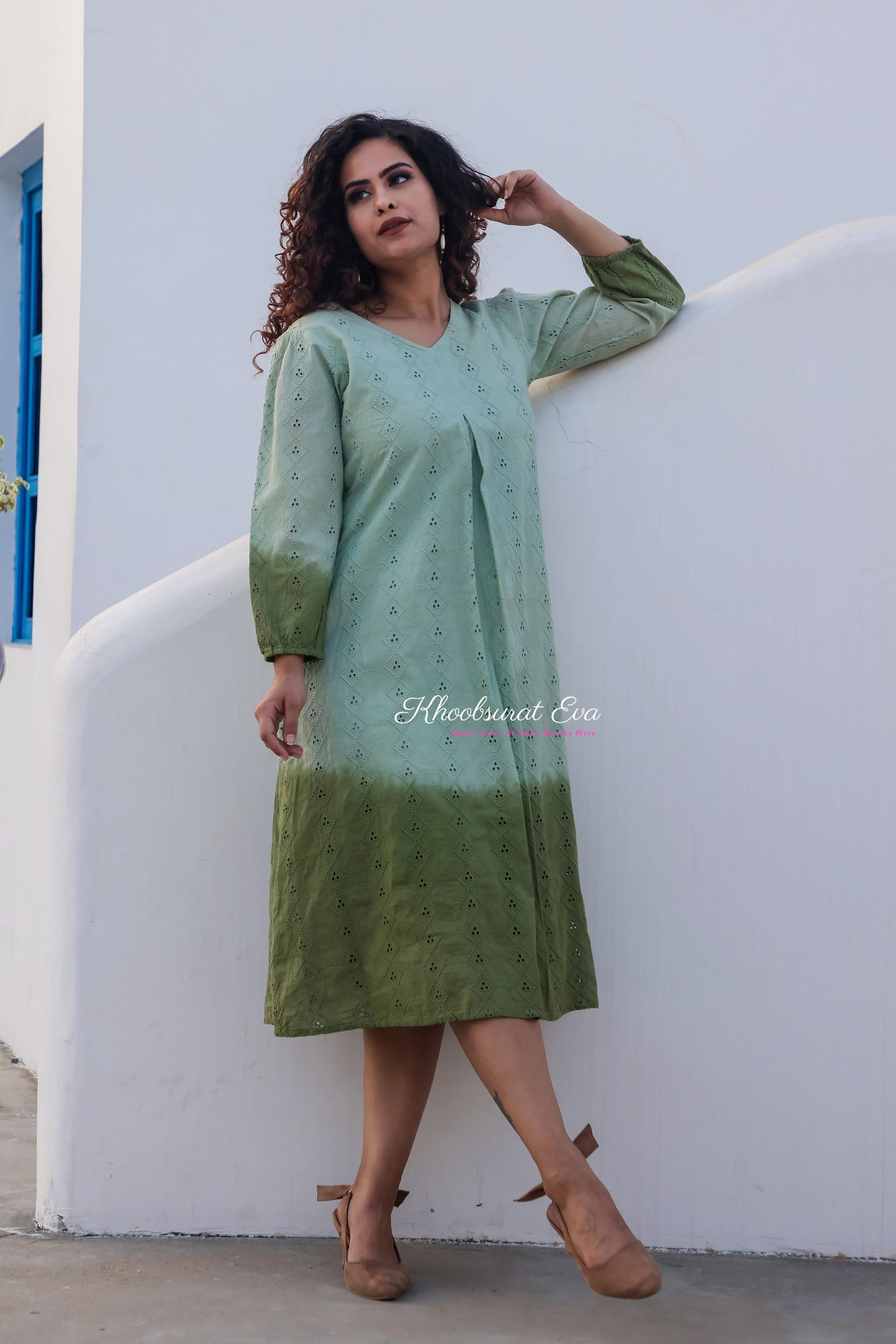 Pista Green Embroidery Ombre Dress