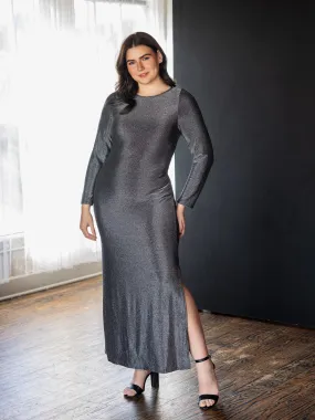 Plus Size Fitted Long Sleeve Shimmery Fabric Side Slit Maxi Dress