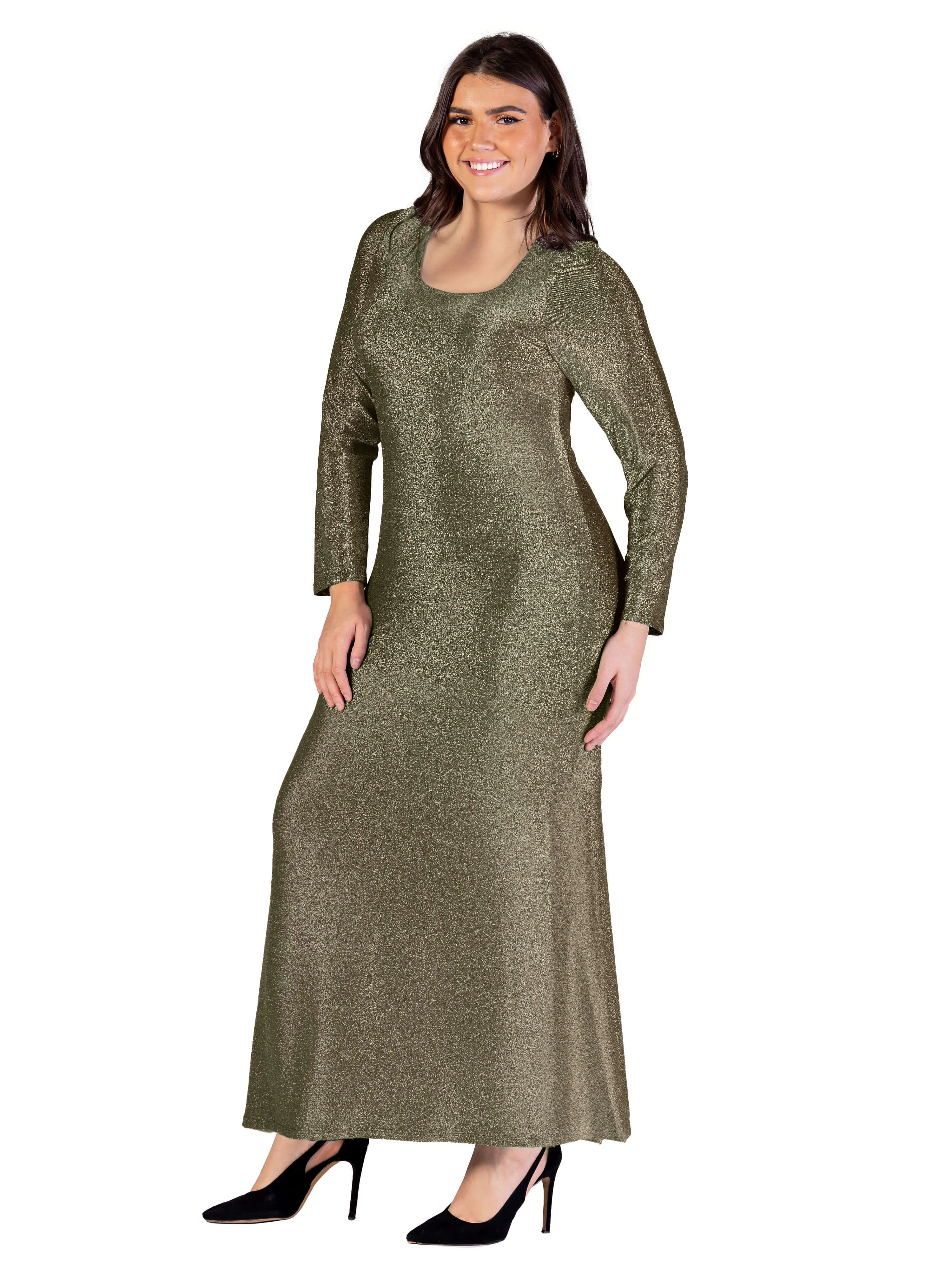 Plus Size Long Sleeve Scoop Neck Shimmery Fabric Maxi Dress