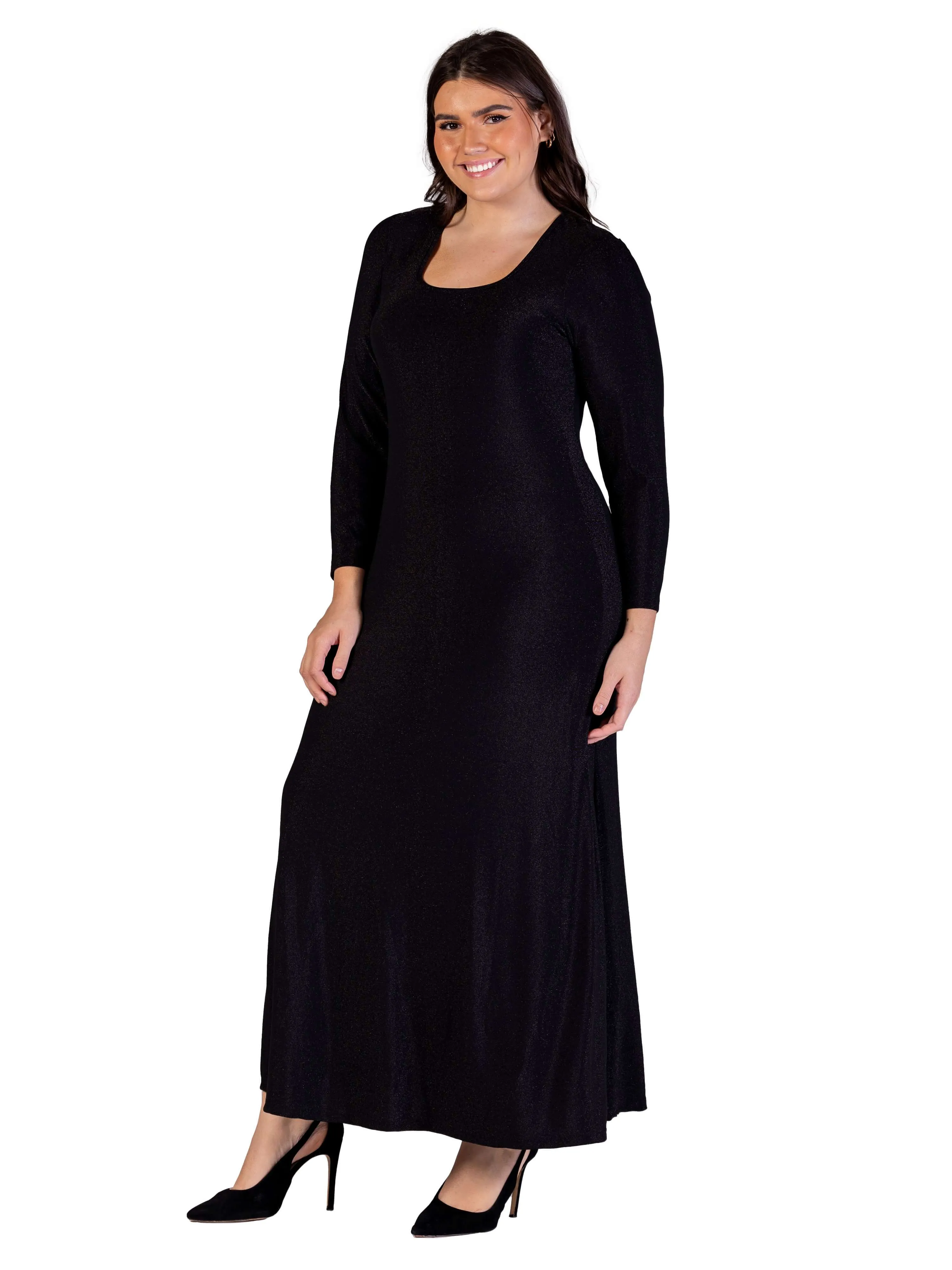 Plus Size Long Sleeve Scoop Neck Shimmery Fabric Maxi Dress