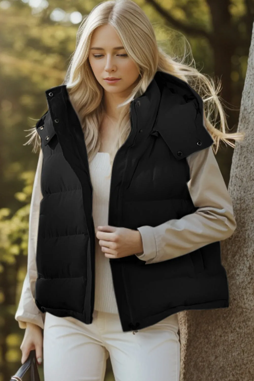 Pocketed Zip Up Hooded Vest Coat