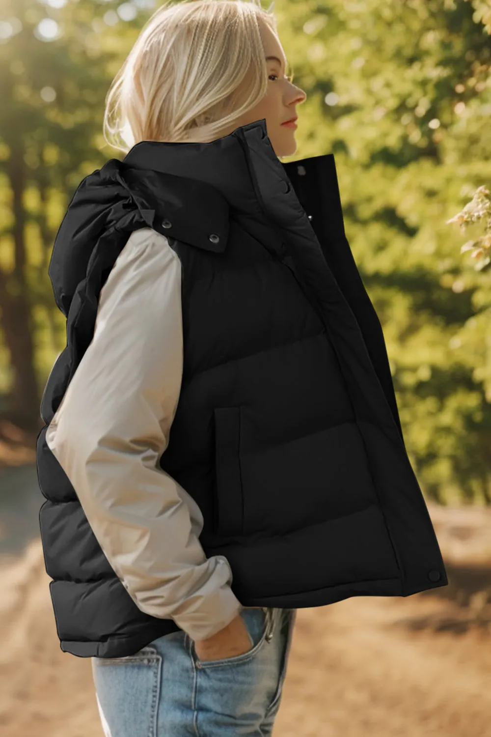 Pocketed Zip Up Hooded Vest Coat