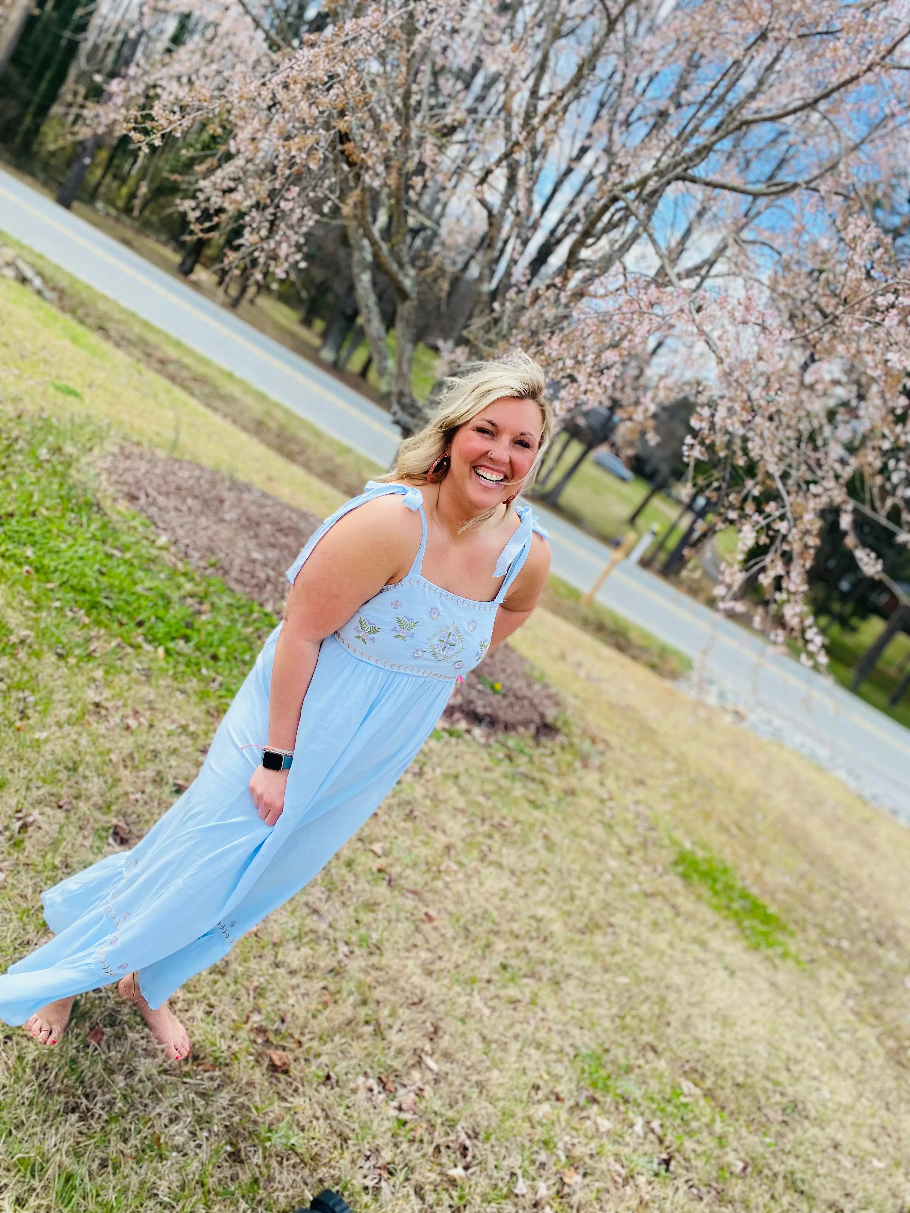 Powder Blue Floral Embroidered Tie Strap Maxi Dress