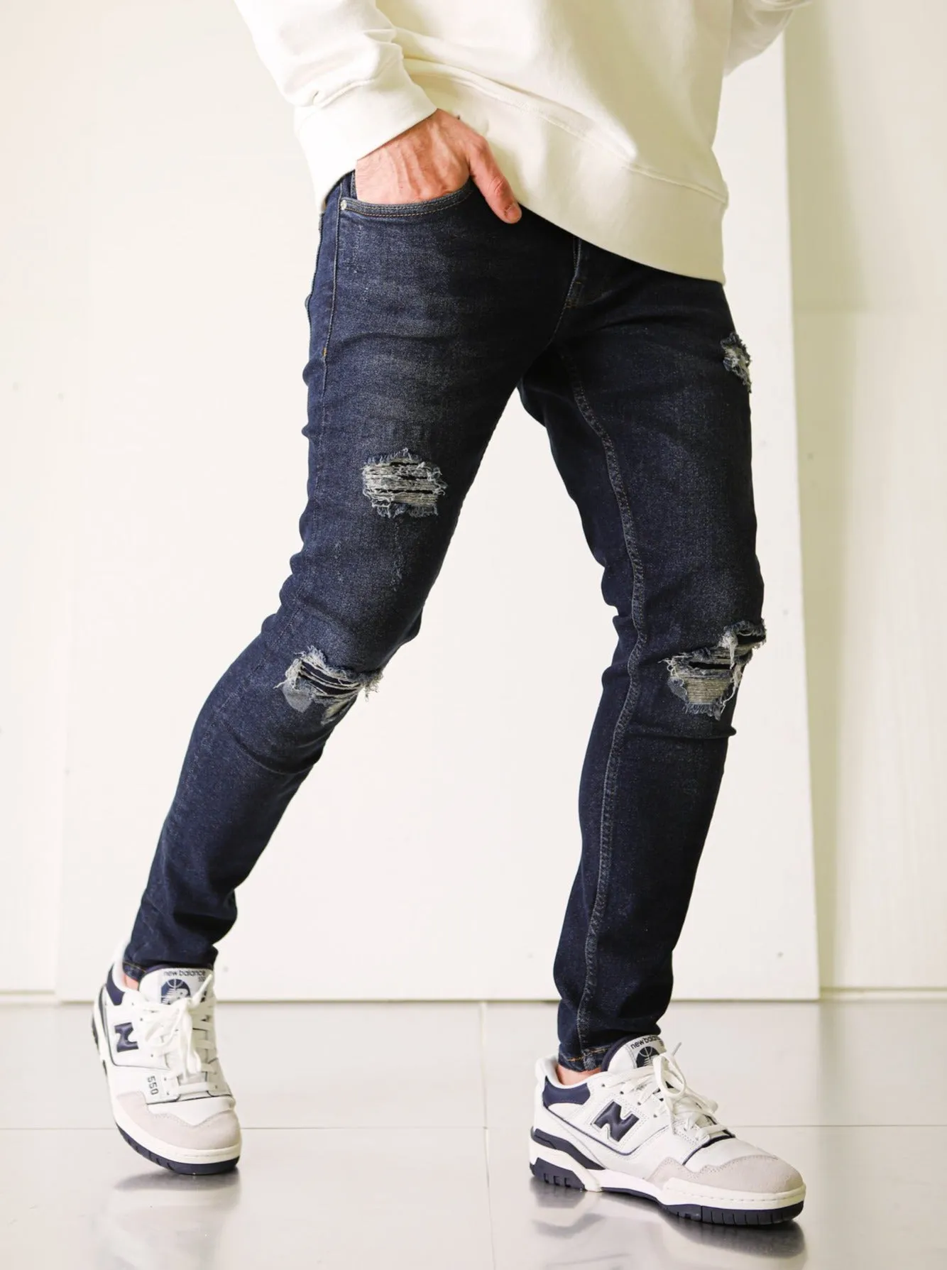 Premium Dark Blue Denim - Ripped & Repaired