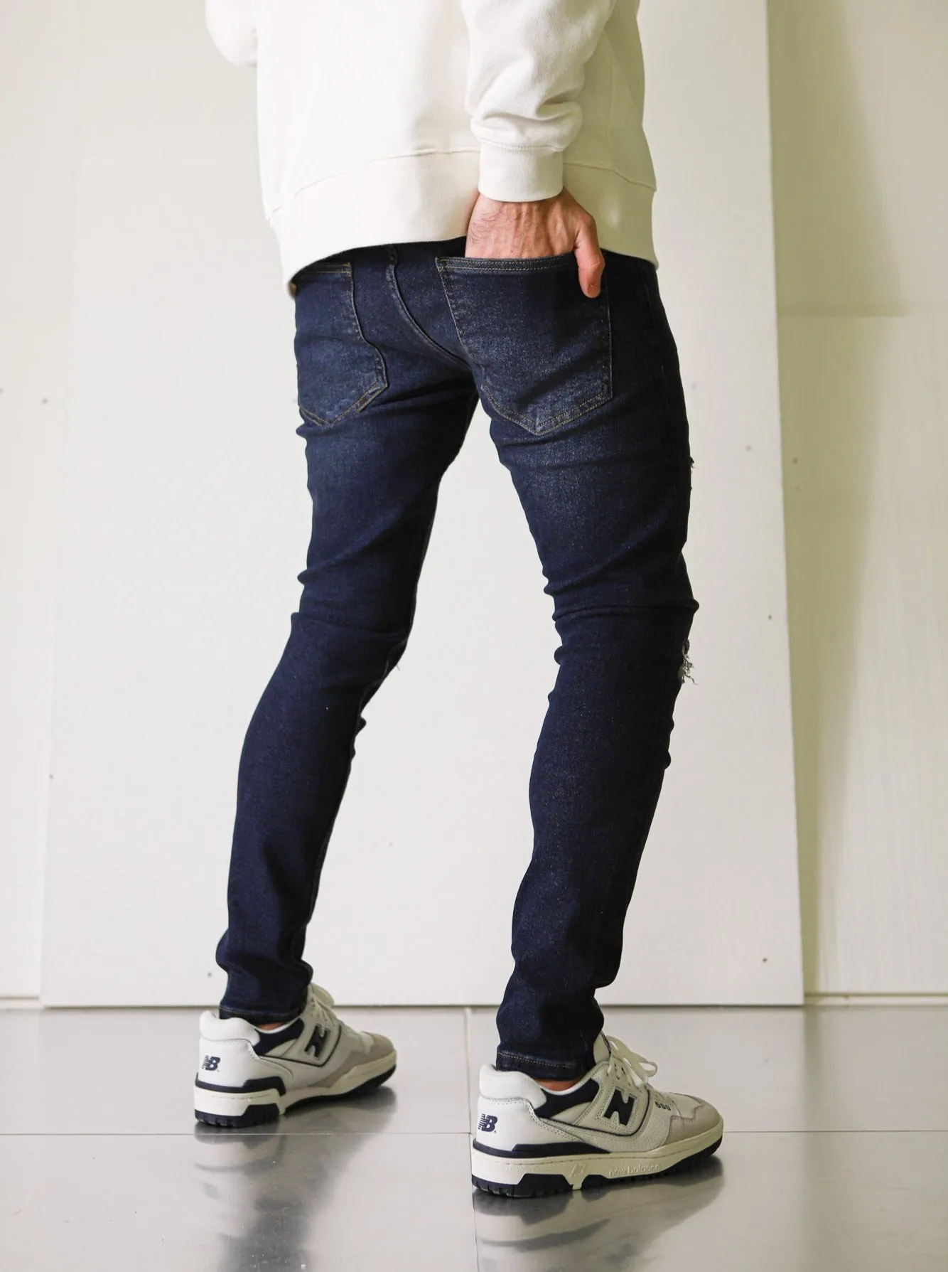 Premium Dark Blue Denim - Ripped & Repaired