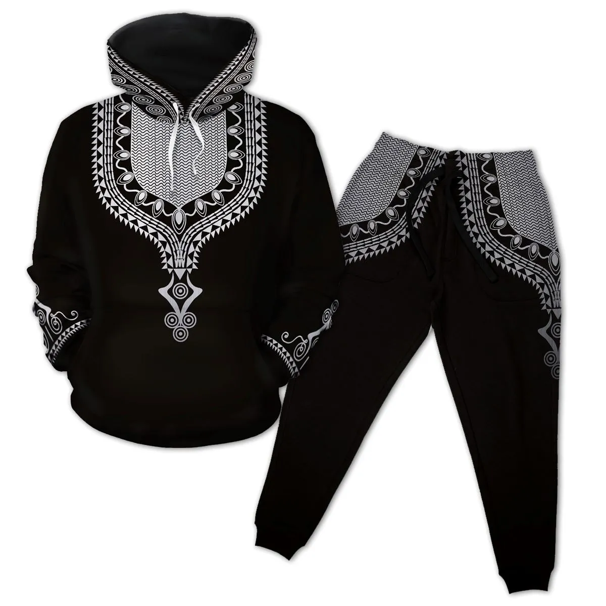 Printed Dashiki Color Black All-over Hoodie And Joggers Set