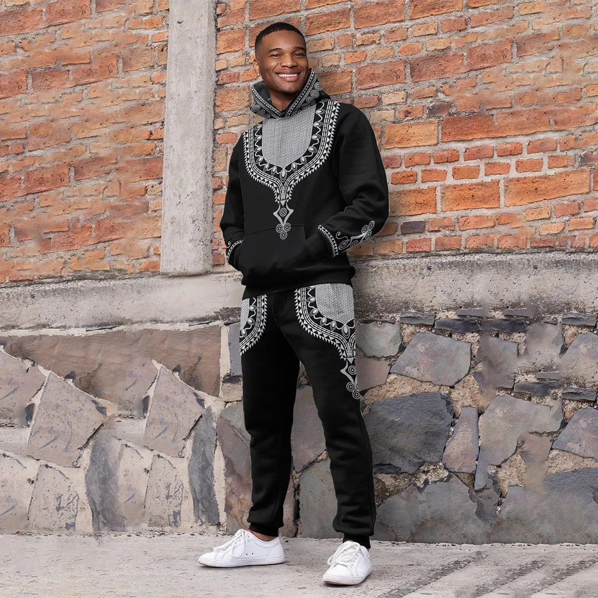 Printed Dashiki Color Black All-over Hoodie And Joggers Set