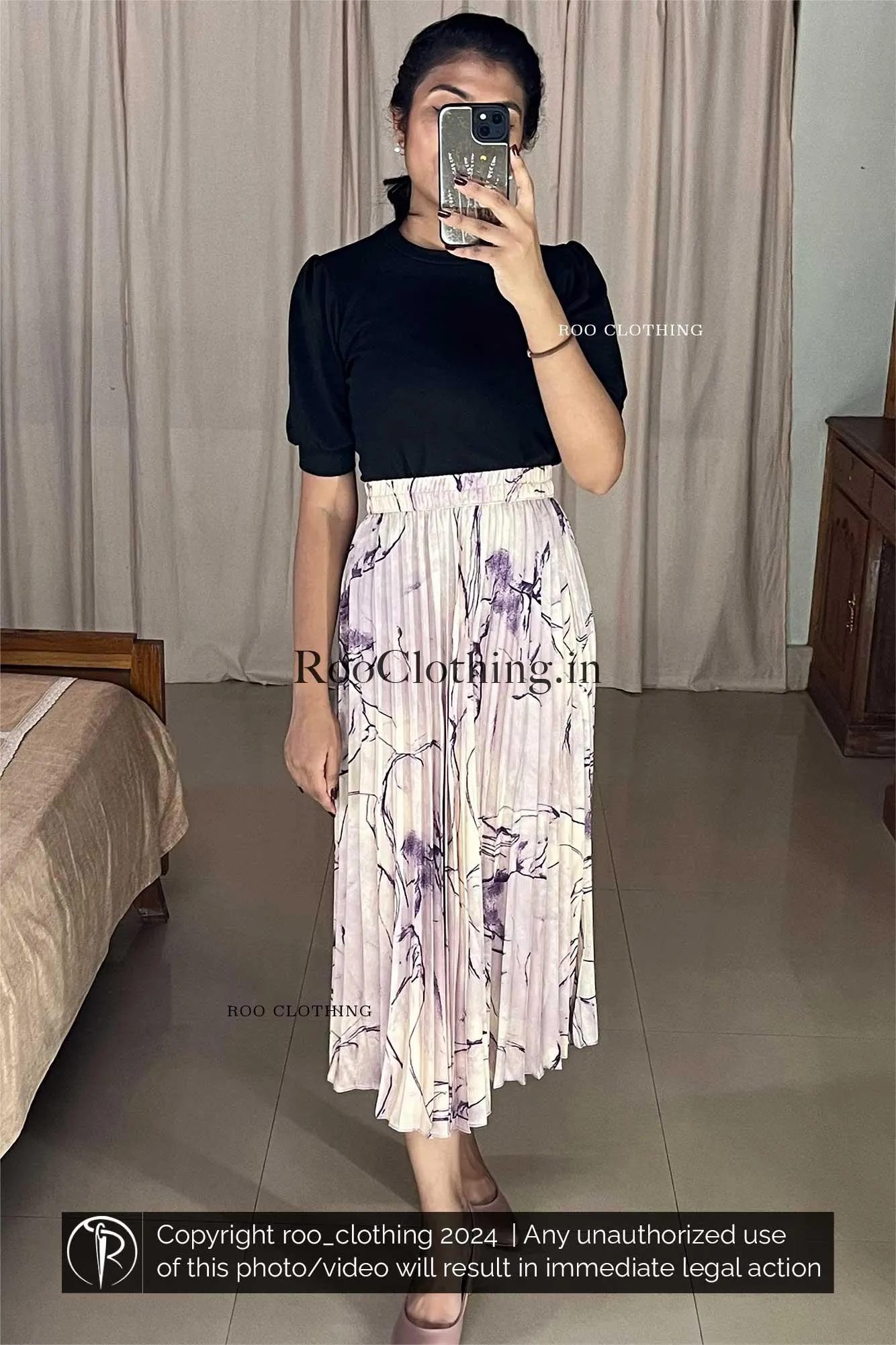 Purple Marble Print Accordion Pleated Skirt Only