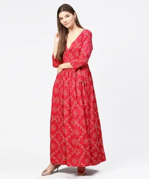 Red Printed 3/4Th Sleeve Cotton Maxi Dress