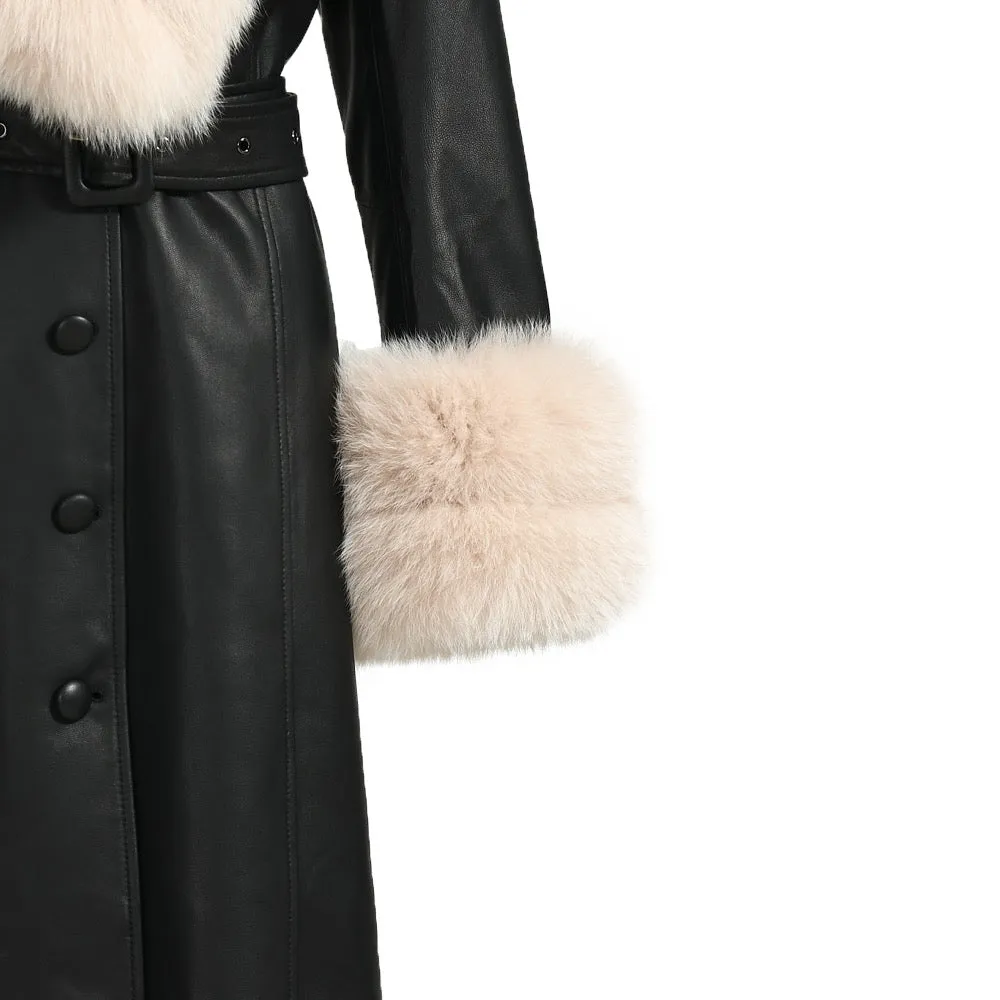 REEVA Black Leather Trench Coat with Beige Fox Fur