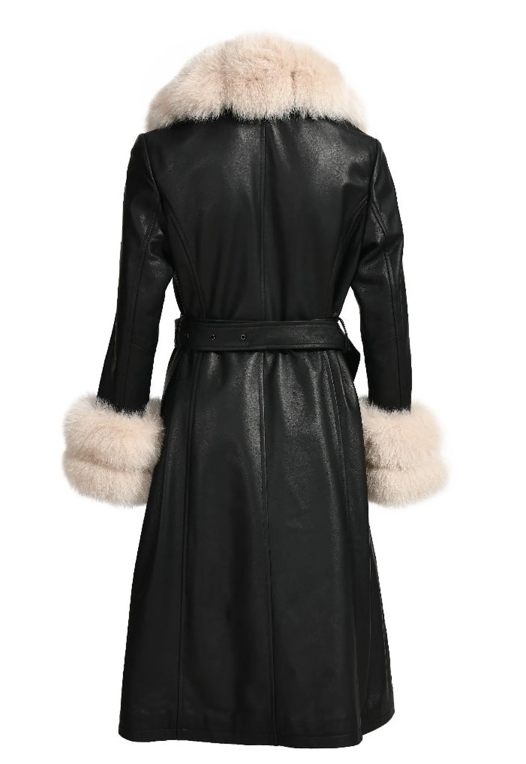 REEVA Black Leather Trench Coat with Beige Fox Fur