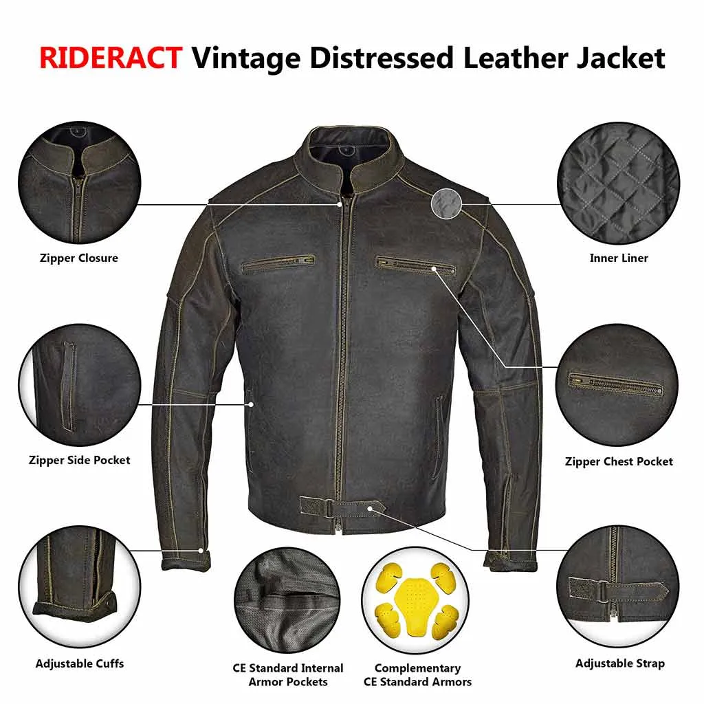 RIDERACT® Vintage Men Motorcycle Leather Jacket Distress