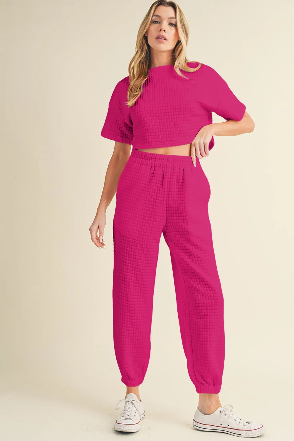 Rose Red Textured Cropped Tee and Jogger Pants Set