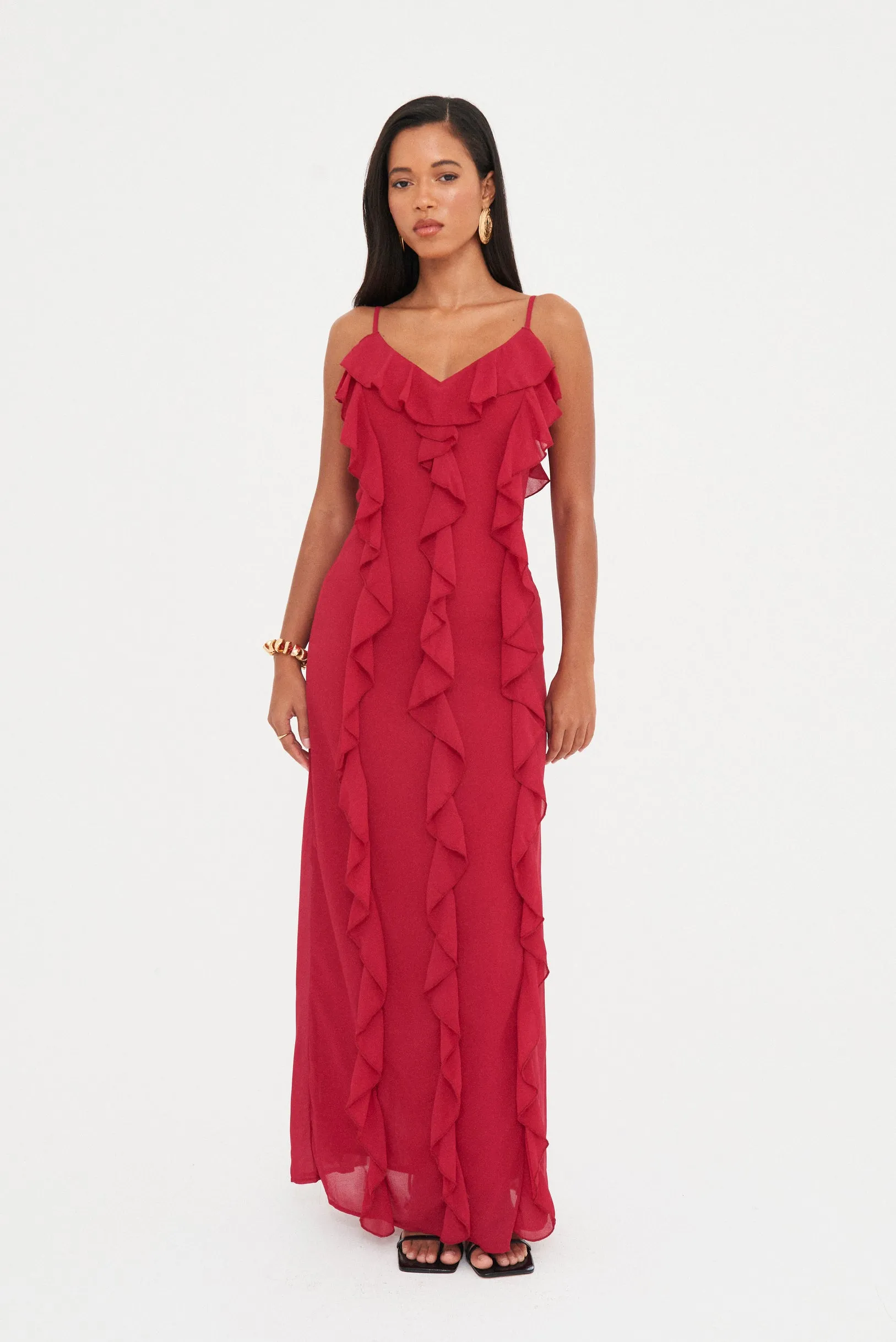 RUFFLE CHIFFON MAXI DRESS