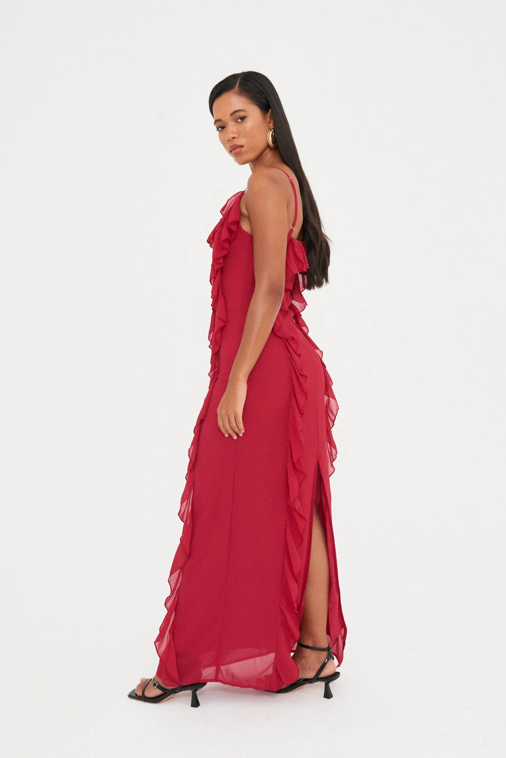 RUFFLE CHIFFON MAXI DRESS